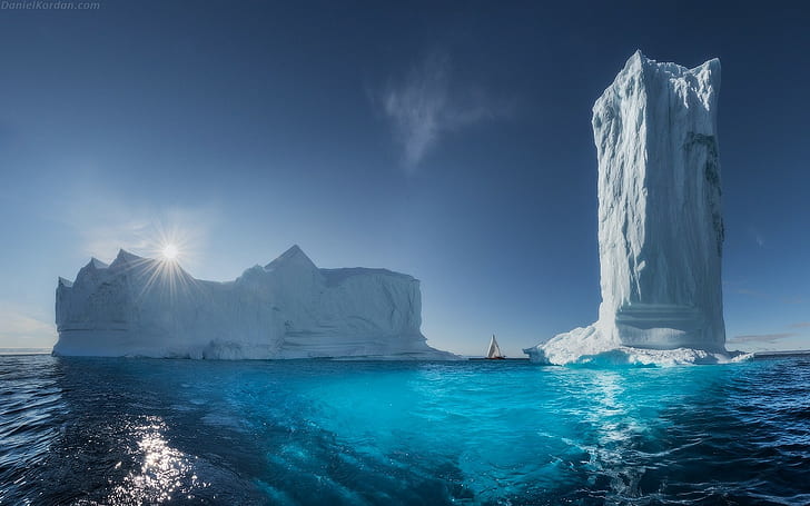 Landscape, Greenland, Ice, Sea, Sun Rays, Blue, Tower, Water, Iceberg, Nature, ice berg, HD wallpaper