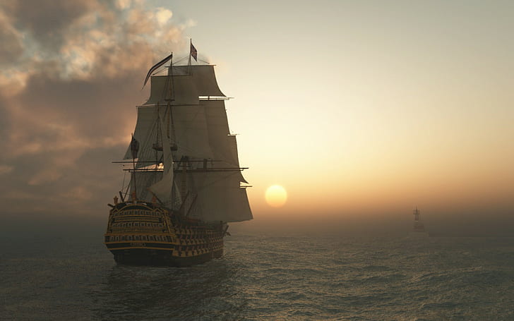 Schooner Ship Sail Ship Sunset Ocean CG HD, digital/artwork