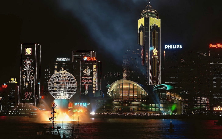 city, night, lights, Hong Kong, building exterior, architecture, HD wallpaper