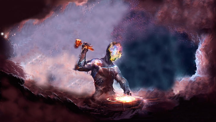 male character holding hammer wallpaper, universe, space, nebula