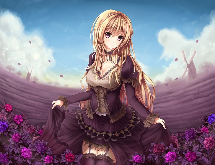 female anime character with brown hair, anime girls, flowers