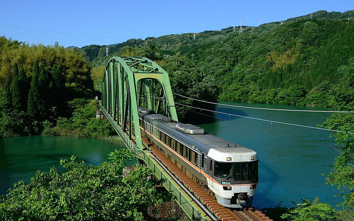 Train Crossing A Bridge Over A Beautiful River, tracks, forests