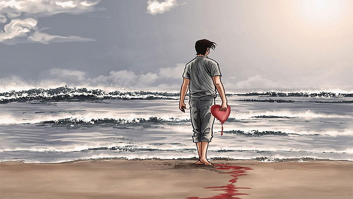 heart, blood, sea shore, sand, beach, boy, love, man, heart break, HD wallpaper