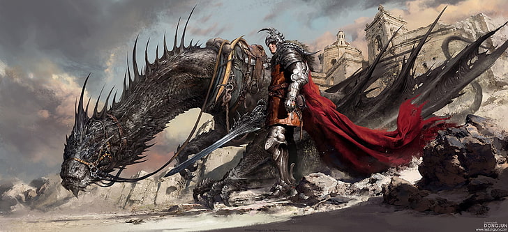 dragons, drawings, fantasy, houses, men, military, objects, HD wallpaper