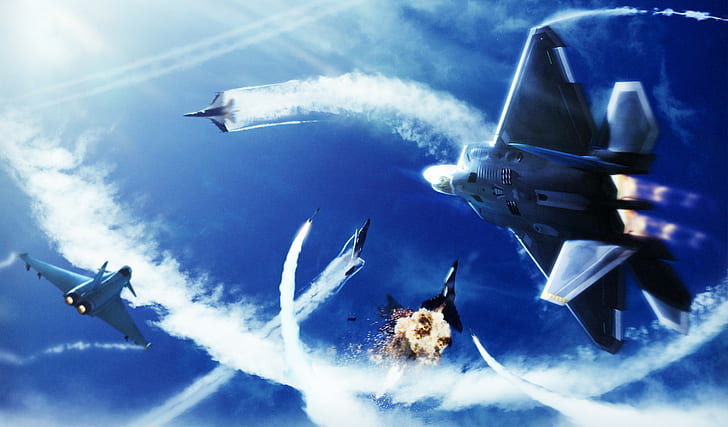Ace Combat Infinity, sky, fighter, fire, clouds, explosion, Project Aces, HD wallpaper