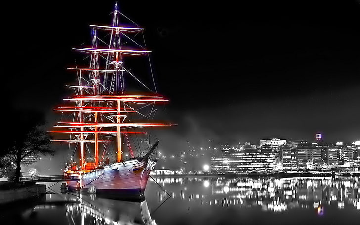 sailing ship, night, selective coloring, cityscape, Stockholm