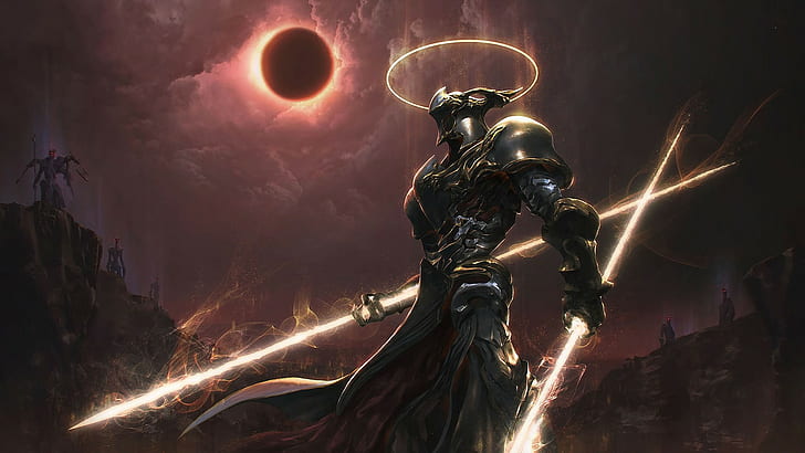 fantasy art, Peter Zhou, solar eclipse, warrior, demon, apocalyptic