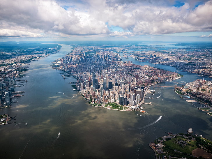high-rise buildings, New York City, water, river, cityscape, urban