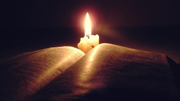 white candle, candles, lights, books, Holy Bible, Christianity