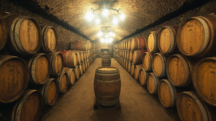 brown wooden barrel lor, barrels, cellar, wine, wine cellar, refreshment, HD wallpaper