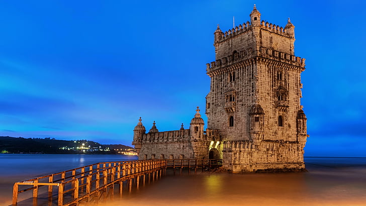 torre de belem, belem tower, lisbon, portugal, dusk, evening, HD wallpaper