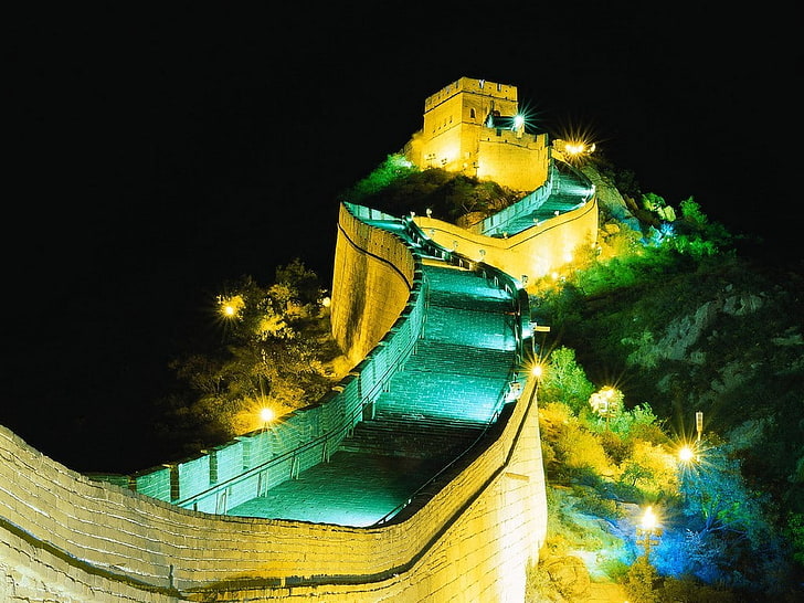 Great Wall of China, architecture, built structure, night, illuminated