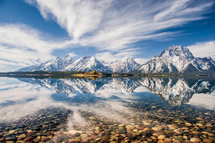 nature, landscape, lake, mountains, water, reflection, snowy peak, HD wallpaper