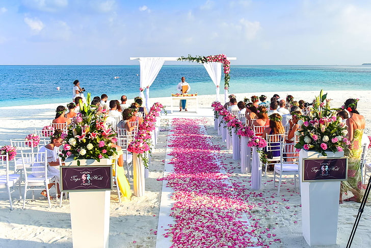 aisle, beach, celebration, ceremony, chairs, decorations, enjoyment