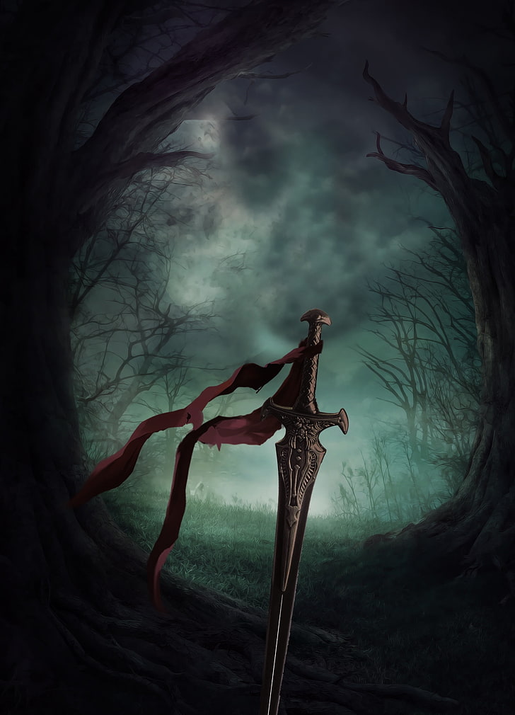 brown sword illustration, forest, dark, art, cross, horror, christianity