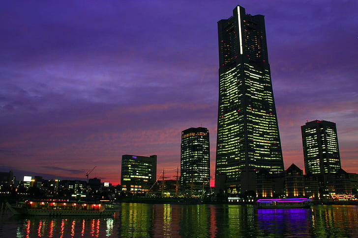 photography of high-rise building under purple sky during night time, HD wallpaper