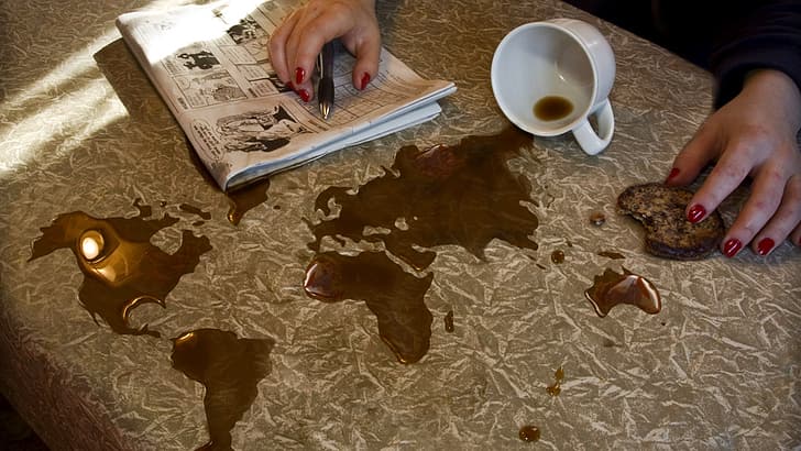 map, coffee, world map, spill, Erik Johansson, HD wallpaper