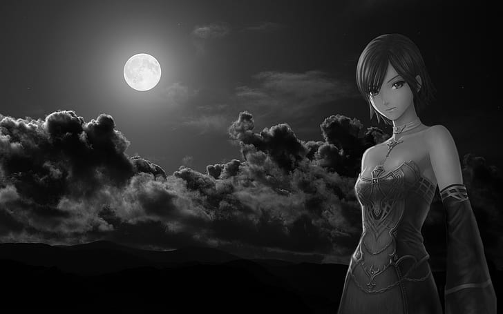 black and white video games clouds night moon anime girls 1920x1200  Space Moons HD Art