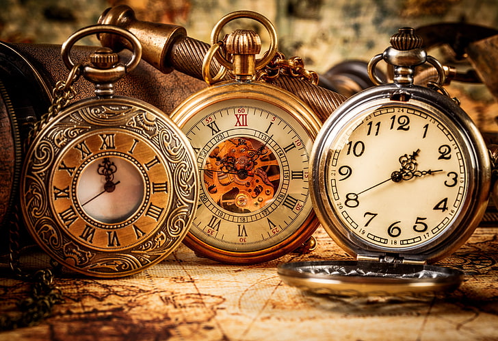three gold-and-silver-colored pocket watches, division, time zones, HD wallpaper
