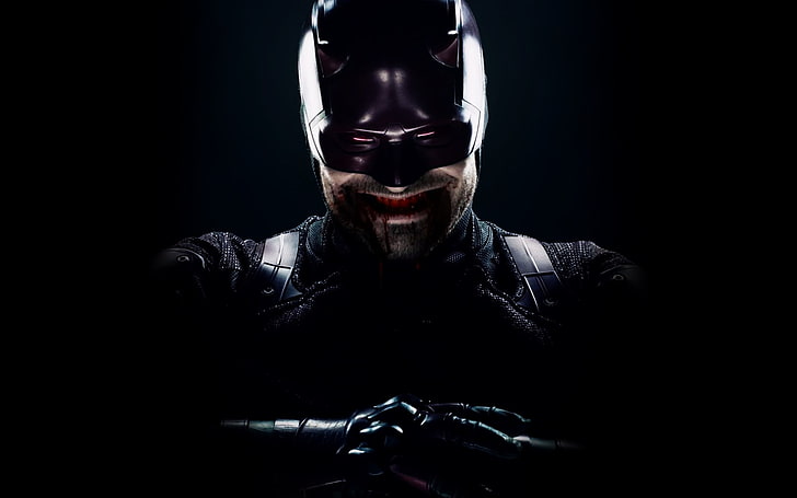 daredevil, front view, black background, adult, portrait, one person