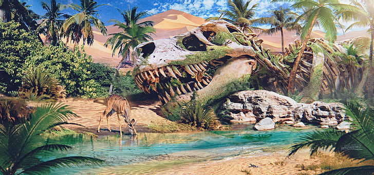 Pavel Bondarenko, drawing, dinosaurs, fossils, oasis, deer, HD wallpaper