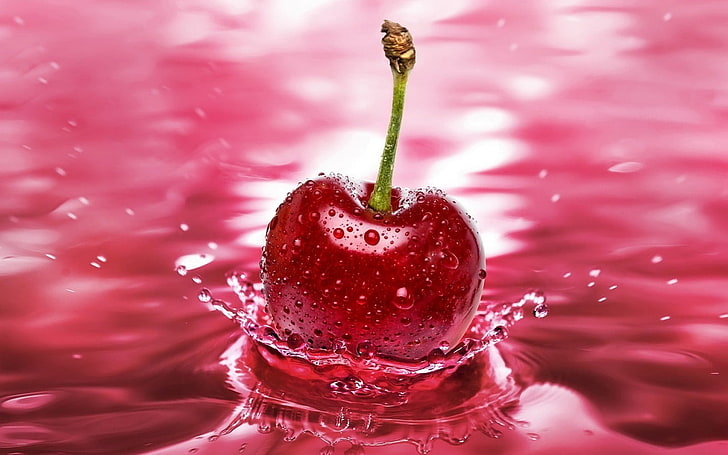 splashes, fruit, water, digital art, cherries (food), close-up, HD wallpaper
