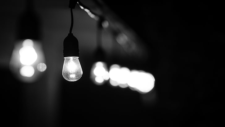 black and white pendant lamp, photography, monochrome, light bulb