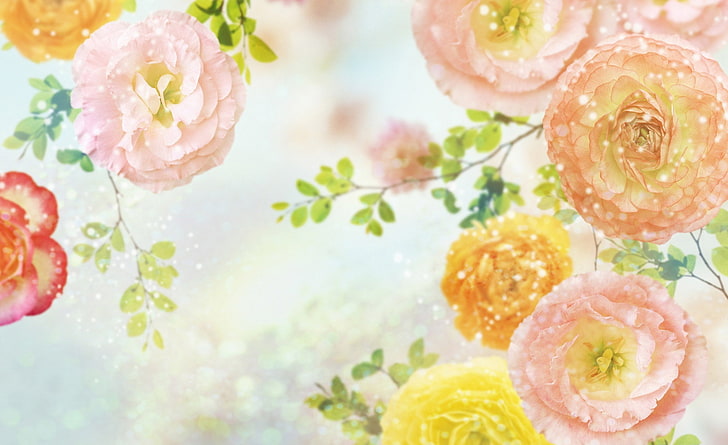 Wild Roses 2, orange, yellow, and pink ranunculus flowers illustration