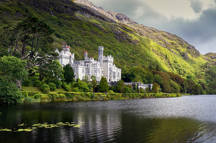 lake, mountain, Ireland, the monastery, Kylemore Abbey, Lake Pollacappul, HD wallpaper