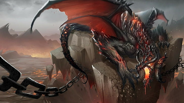black dragon illustration, fantasy art, cloud - sky, mountain, HD wallpaper