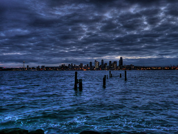 body of water during nighttime, puget sound, seattle, puget sound, seattle, HD wallpaper