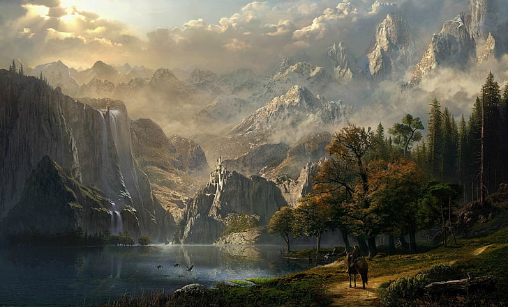 Fantasy, Landscape, Adventure, Castle, Horse, Lake, Mountain