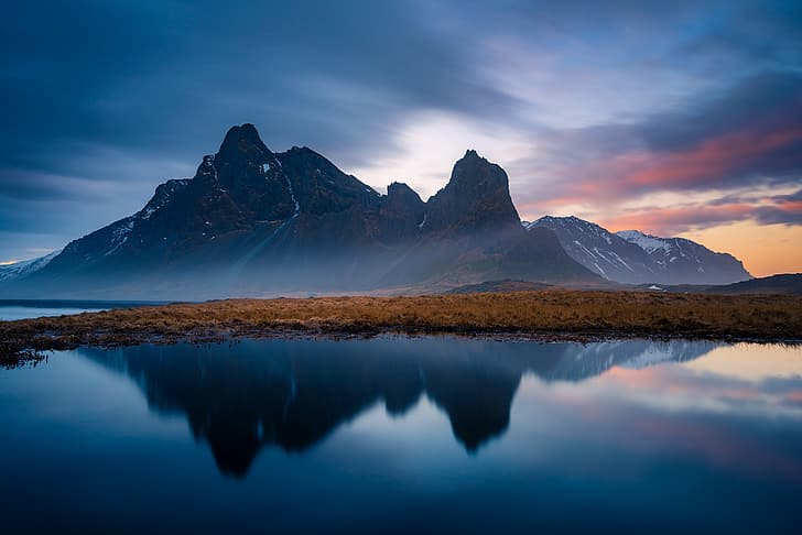 lake, reflection, mountain, Iceland, Eystrahorn, HD wallpaper