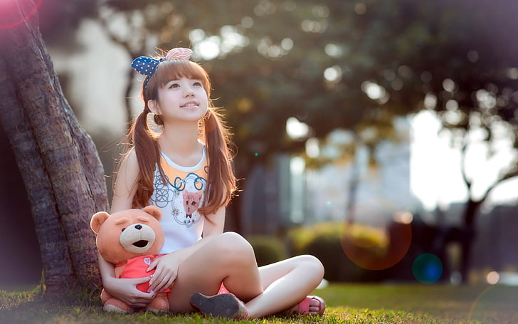 orange bear plush toy, children, teddy bears, one person, childhood, HD wallpaper