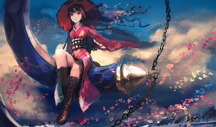 fate grand order, oda nobunaga, kimono, long hair, petals, Anime