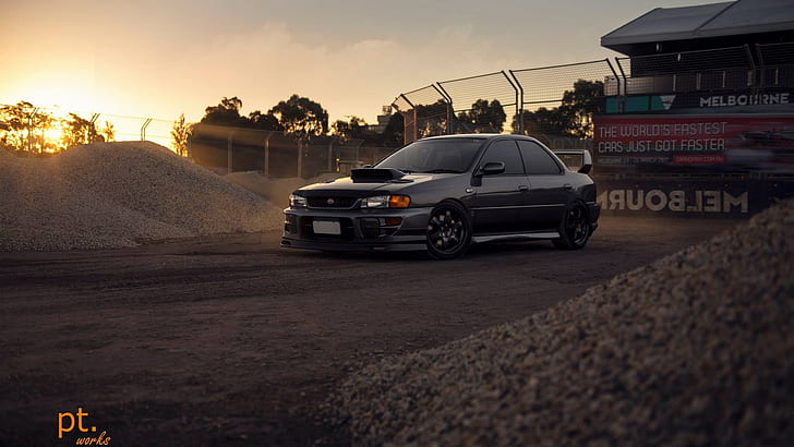 Subaru Impreza WRX, JDM, Japanese cars, sunset, dirt, gravel, HD wallpaper