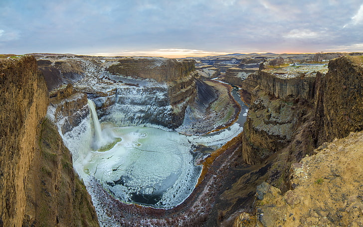ice, golden, panorama, winter, canyon, palouse falls, HD wallpaper