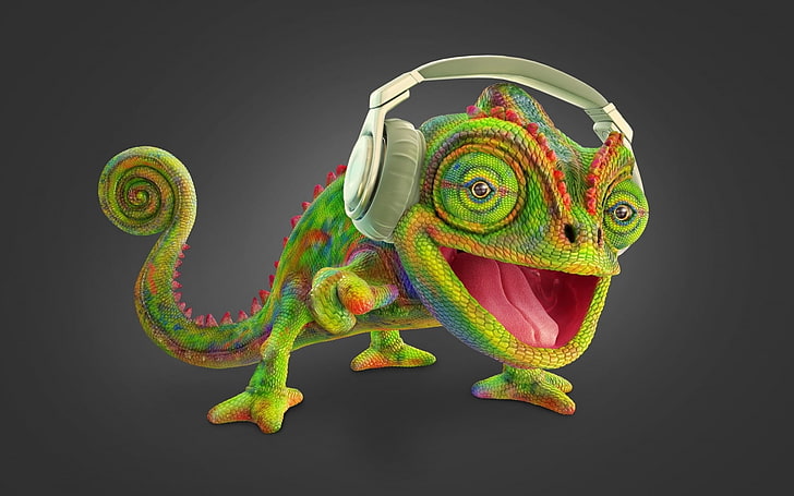 Chameleon, fantasy, luminos, green, headphones, rhenan fidelis, HD wallpaper