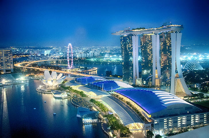 photo of Marina Bay Sands, Singapore during nighttime in panoramic photo, singapore, HD wallpaper