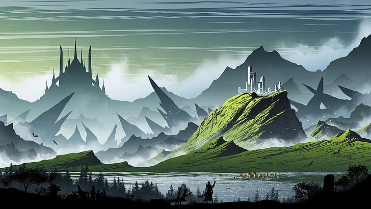 illustration of mountain, artwork, mountains, fantasy art, Kvacm