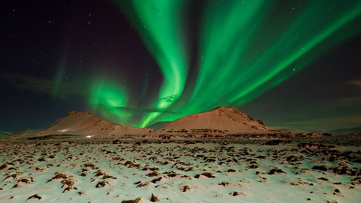 Northern Lights, aurorae, sky, nature, night, winter, mountains, HD wallpaper