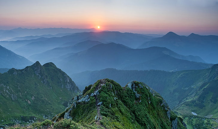 green mountain ranges, sunset, mountains, Ukraine, Carpathians