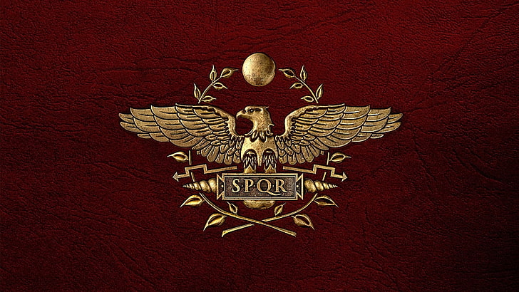 gold-colored SPQR emblem, background, leather, symbol, Empire