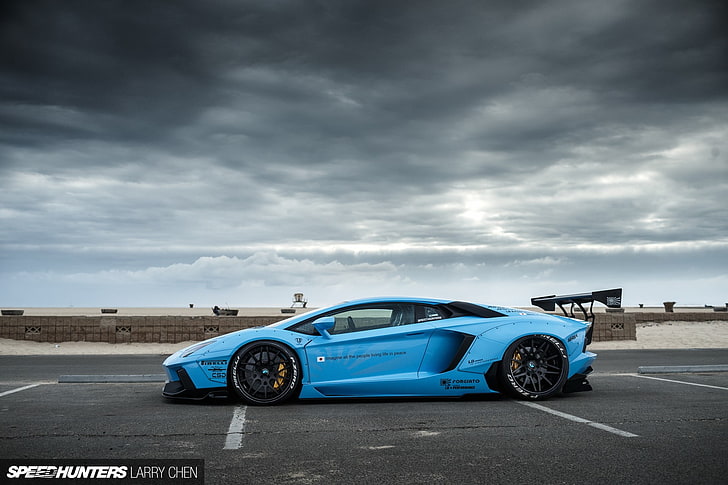blue supercar on road under cloudy sky, Lamborghini, Lamborghini Aventador
