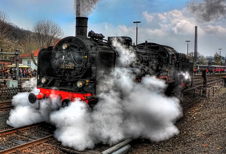 black train, steam locomotive, vintage, HDR, vehicle, smoke - physical structure