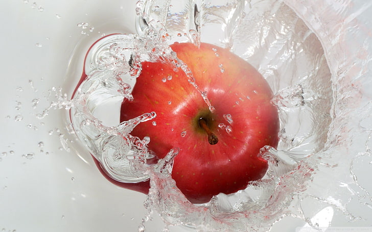 macro, apples, fruit, splashes, water, food and drink, healthy eating, HD wallpaper