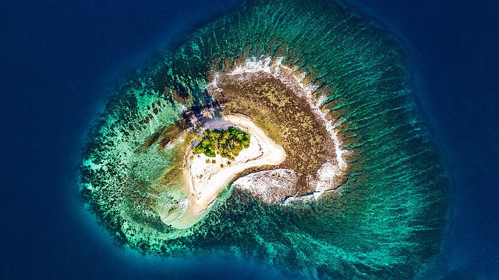 tree covered islet, beach, water, sea, sand, trees, island, waves, HD wallpaper