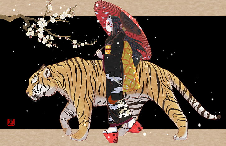 Asian, tiger, fantasy art, fantasy girl, umbrella, animals
