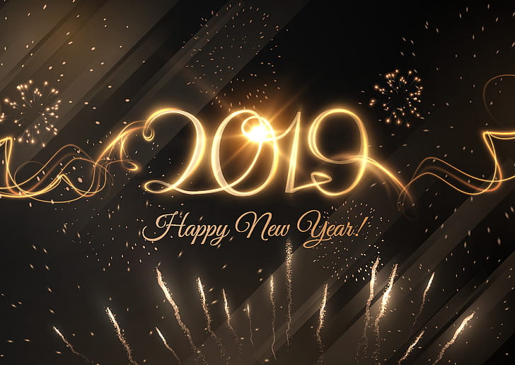 Happy New Year, 2019 (Year), fireworks, numbers, HD wallpaper