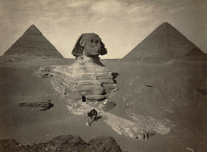 Sphinx of Giza, landscape, sand, vintage, camels, pyramid, old photos, HD wallpaper